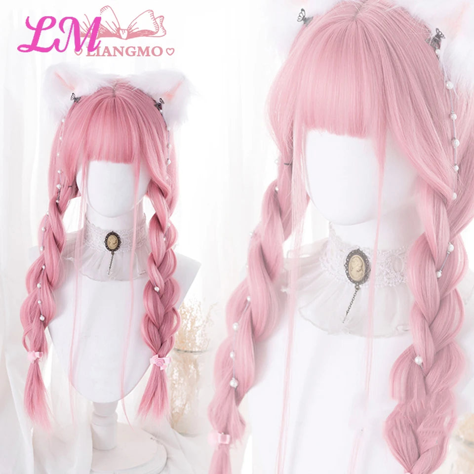 LM Cosplay Wig With Bangs Synthetic Straight Hair Wigs 24 Inch Long Heat-Resistant Pink Hair Style For Women