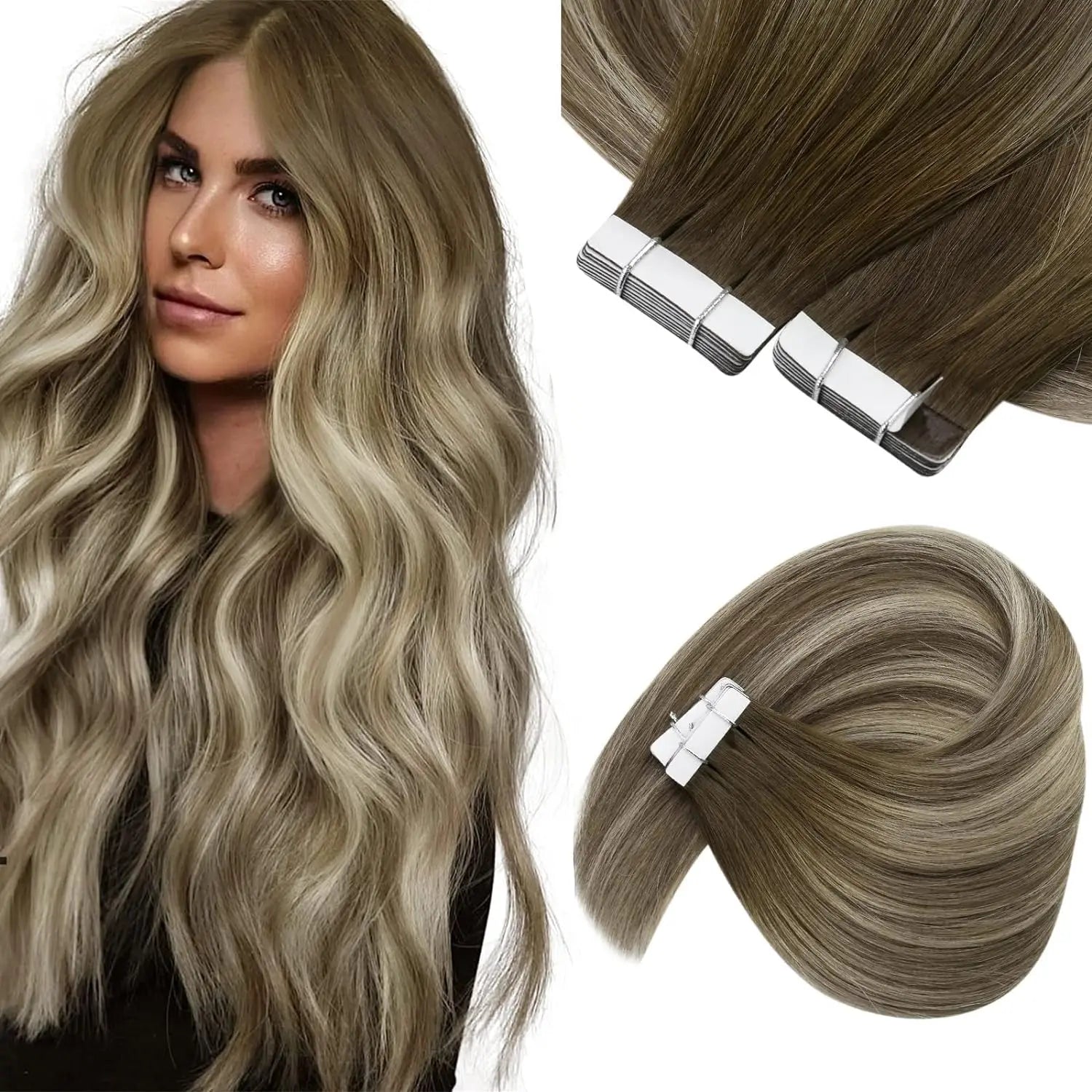 [NEW]VeSunny Tape In Hair Extensions and Accessories Human Hair Wigs Real Natural Hair Balayage Color #4-14-60 Skin Weft Straight Seamless Wig