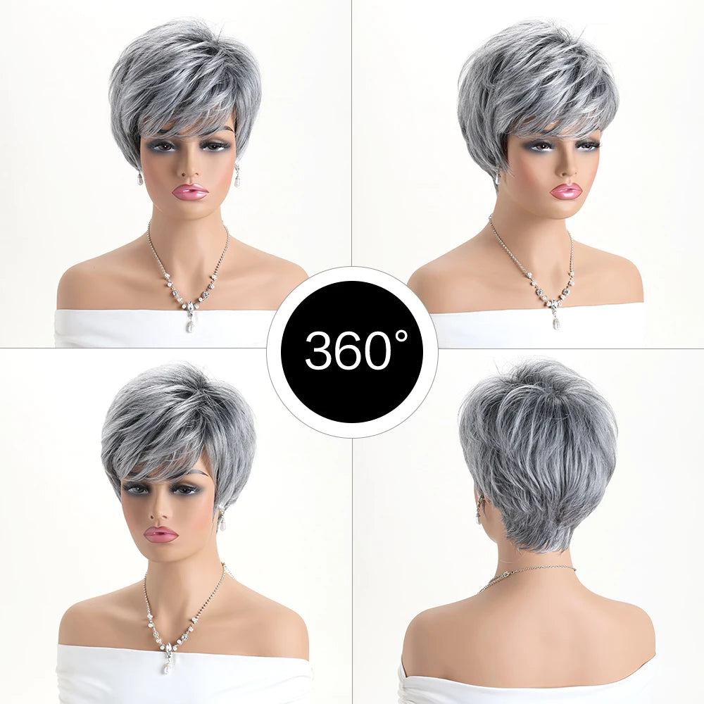 Short Natural Wigs with Bangs Soft Mommy Hair Daily Use Short  Grey Ombre Curly Synthetic Hair Costume Party Wig for Women