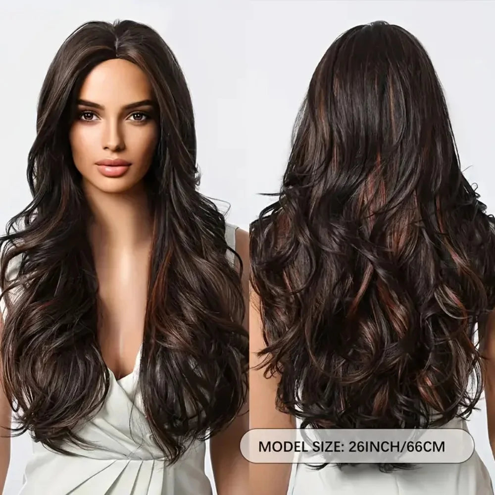 26in Highlight Brown Wave Curly Wigs Heat Resistant Synthetic Hair Style Wigs for Women Natural Look for Cosplay, Daily Use Halloween Party