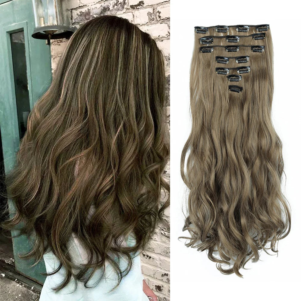 Clip In Wig Hair Extensions 7 PCS Full Head 22 Inch Long Curly Wavy Synthetic Hair Wigs Pieces Natural Wavy For Women Girls Hair Style