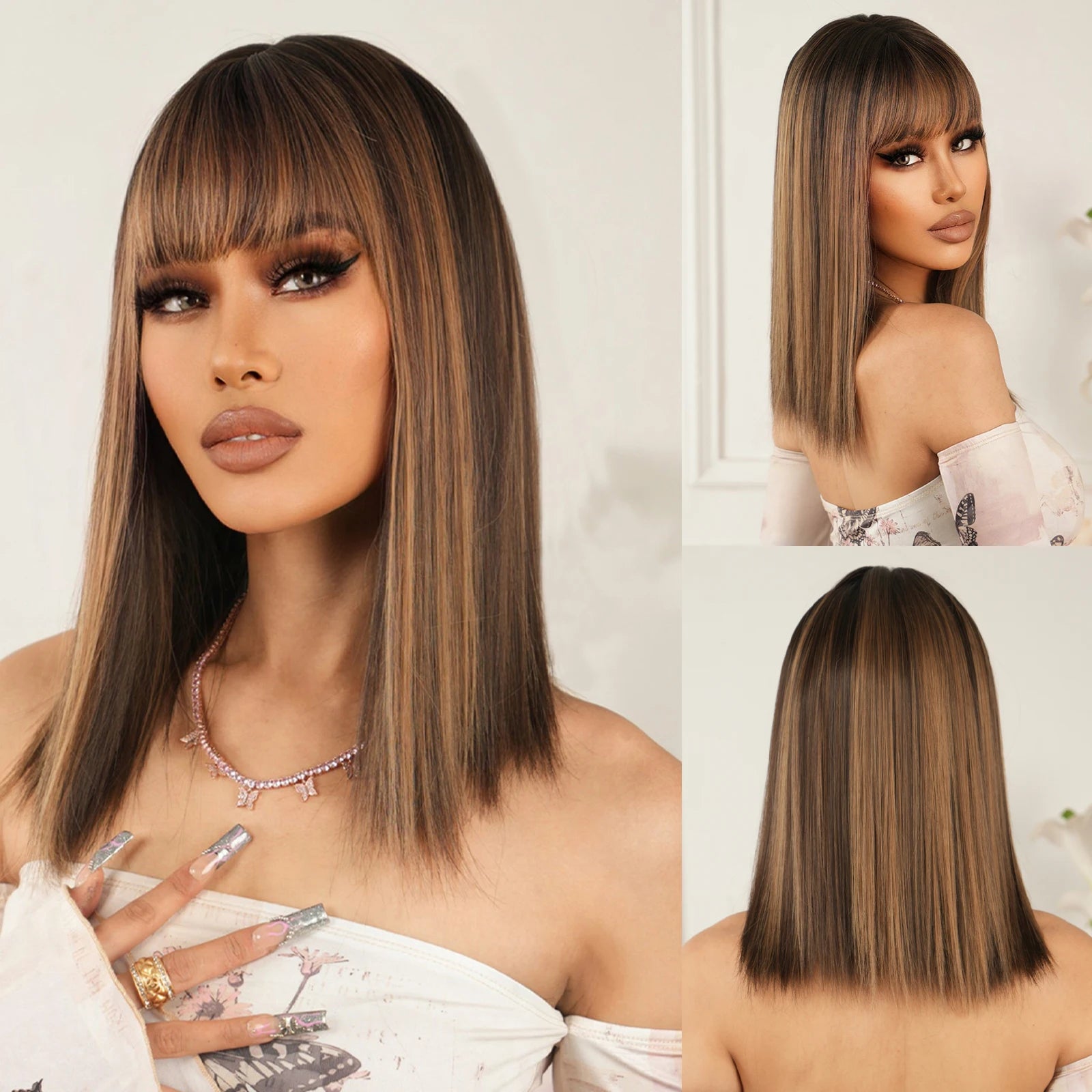 Straight Black Bob Synthetic Wig with Bangs Medium Long Cosplay Layered Hair Wigs for Woman Natural Hair Daily Wigs Hair Style Heat Resistant