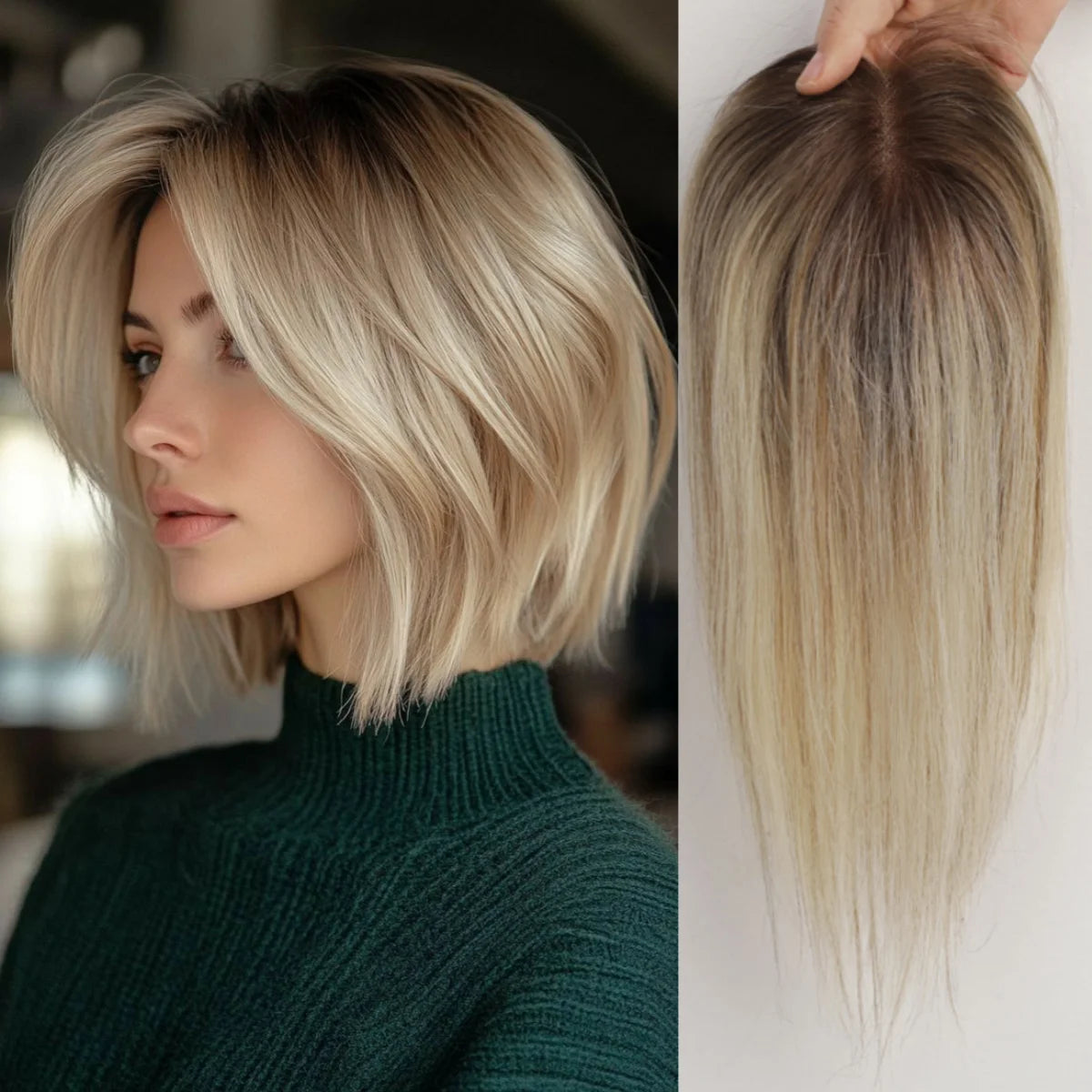 Blonde Ombre 100% Remy Human Hair Toppers Clips In Hair Lace Base Topper Hairpieces for Women Hair Extensions 12 Inch Straight