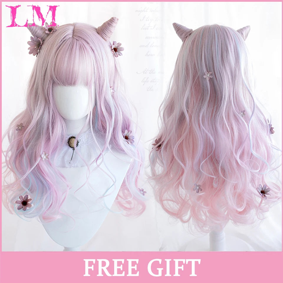 LM Cosplay Wig With Bangs Synthetic Straight Hair Wigs 24 Inch Long Heat-Resistant Pink Hair Style For Women