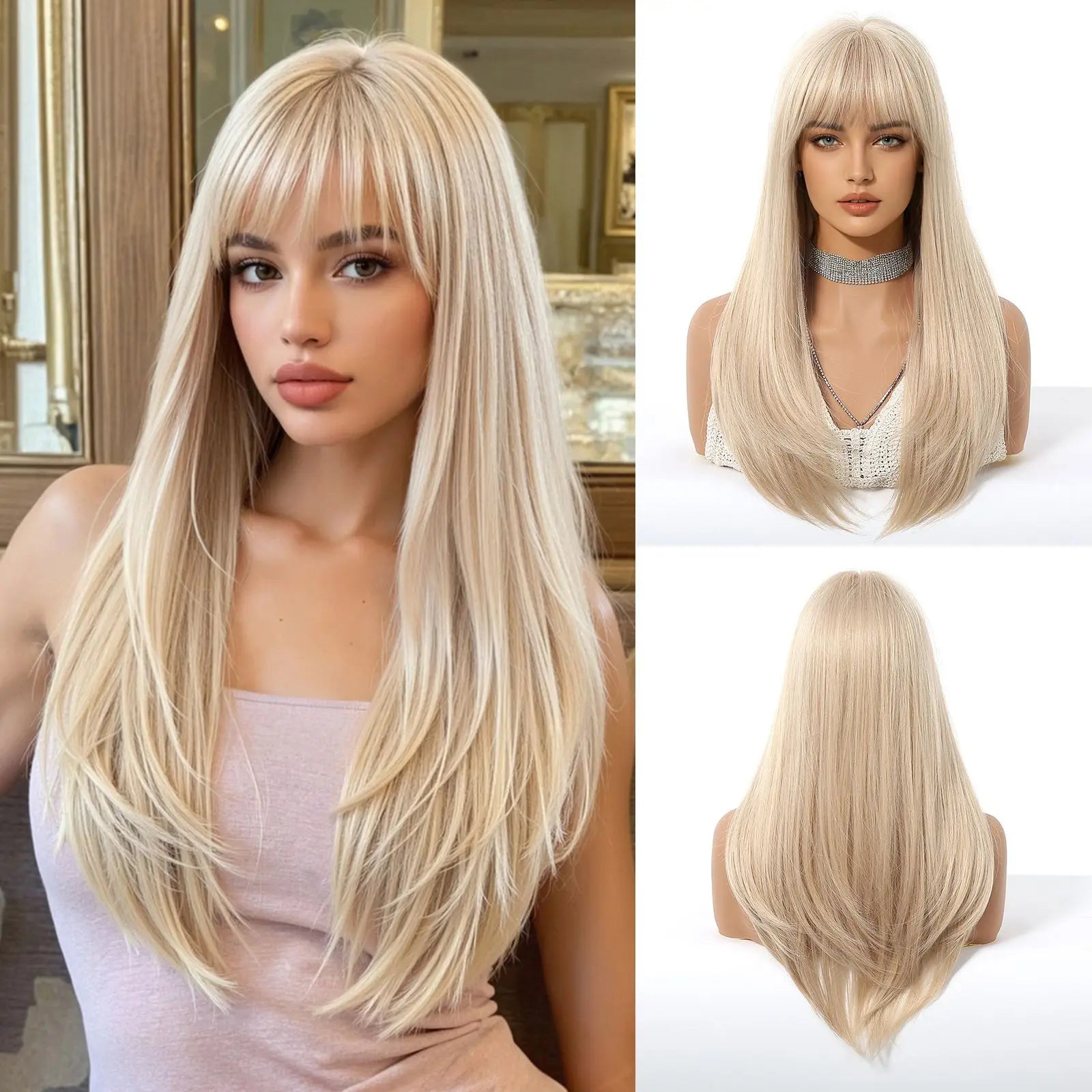ALAN EATON Long Brown Highlight Synthetic Wig Layered Straight Hair Style Wigs Realistic Fake Hair for Daily Wear High Temperature Wigs