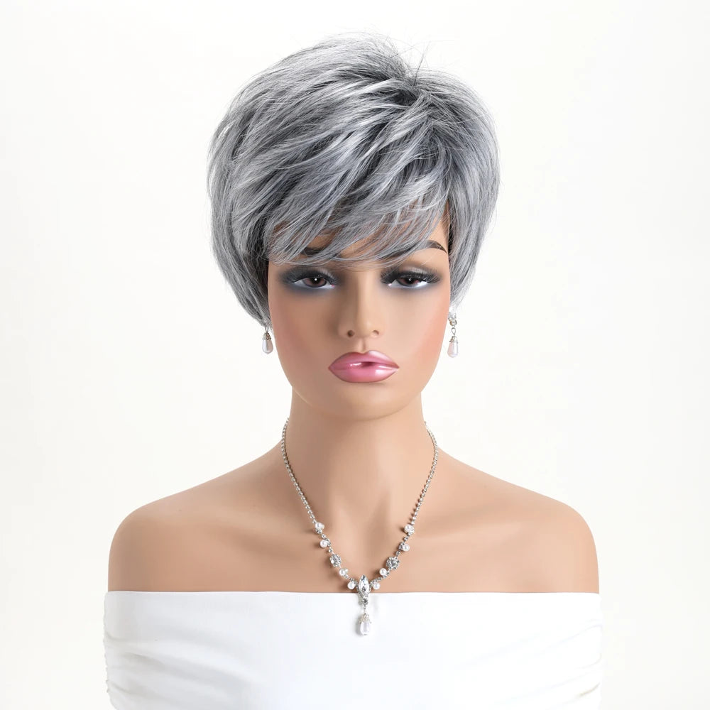 Short Natural Wigs with Bangs Soft Mommy Hair Daily Use Short  Grey Ombre Curly Synthetic Hair Costume Party Wig for Women