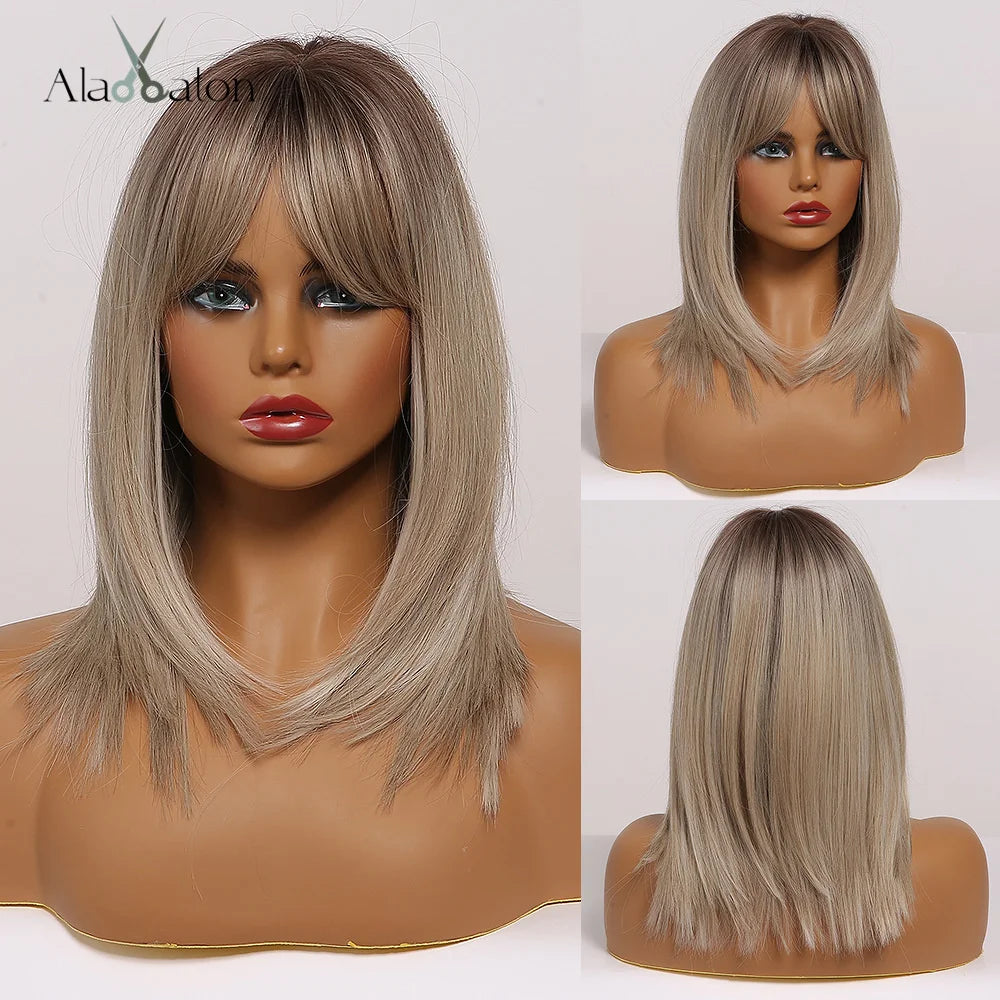 ALAN EATON Layered Synthetic Wig with Bangs Straight Short Highlights Blonde Hair Wigs with for Women Daily Use