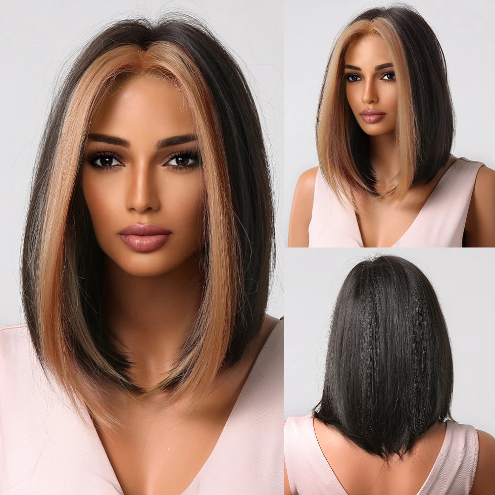 Medium Length Chestnut Brown Synthetic Wigs Hair Middle Part Wine Red Highlights Straight Wig Heat Resistant for Women Party Cosplay