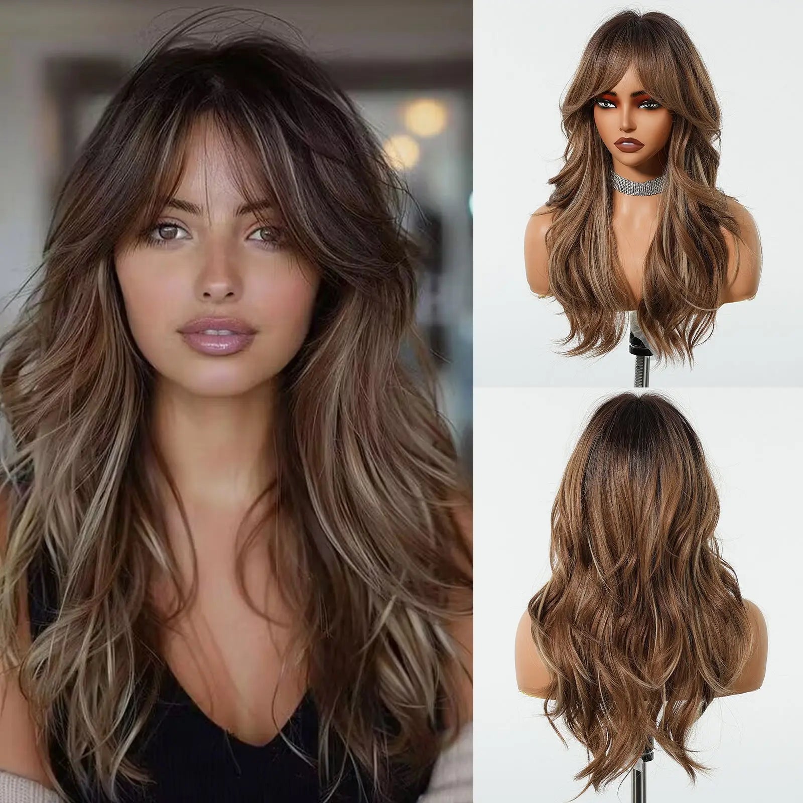 Golden Blonde Mixed Synthetic Wig Dark Root Wavy Hair With Side Bangs for Women Daily Party Cosplay wig Heat Resistant Fiber