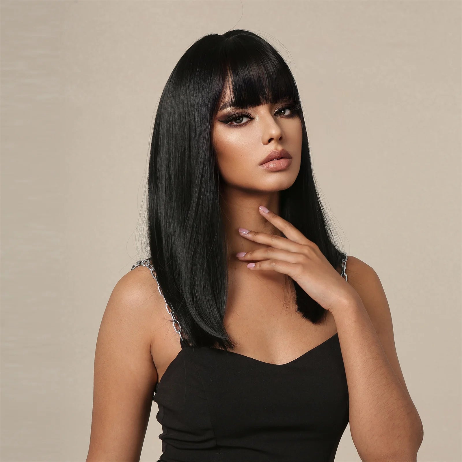 Straight Black Bob Synthetic Wig with Bangs Medium Long Cosplay Layered Hair Wigs for Woman Natural Hair Daily Wigs Hair Style Heat Resistant