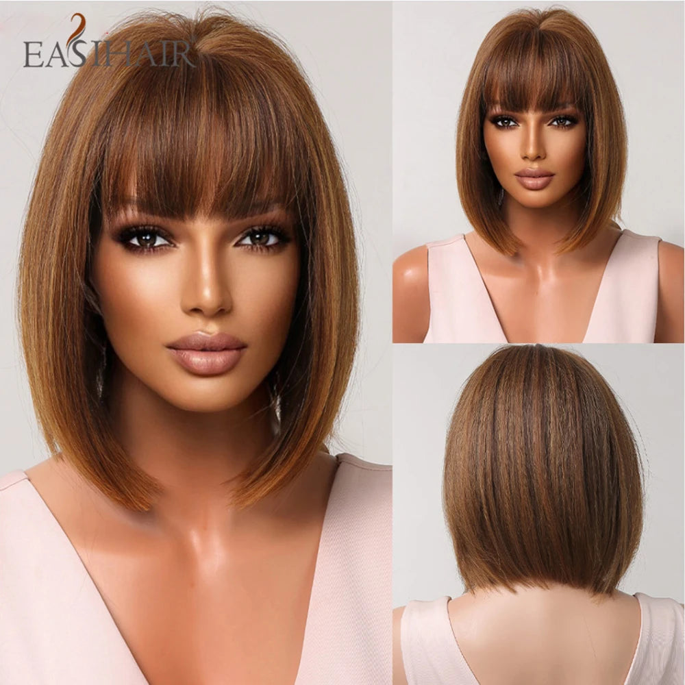 EASIHAIR Synthetic Bob Wig with Bang Short Straight Light Blonde Beige Natural Wigs Hair for Women Daily Cosplay Heat Resistant