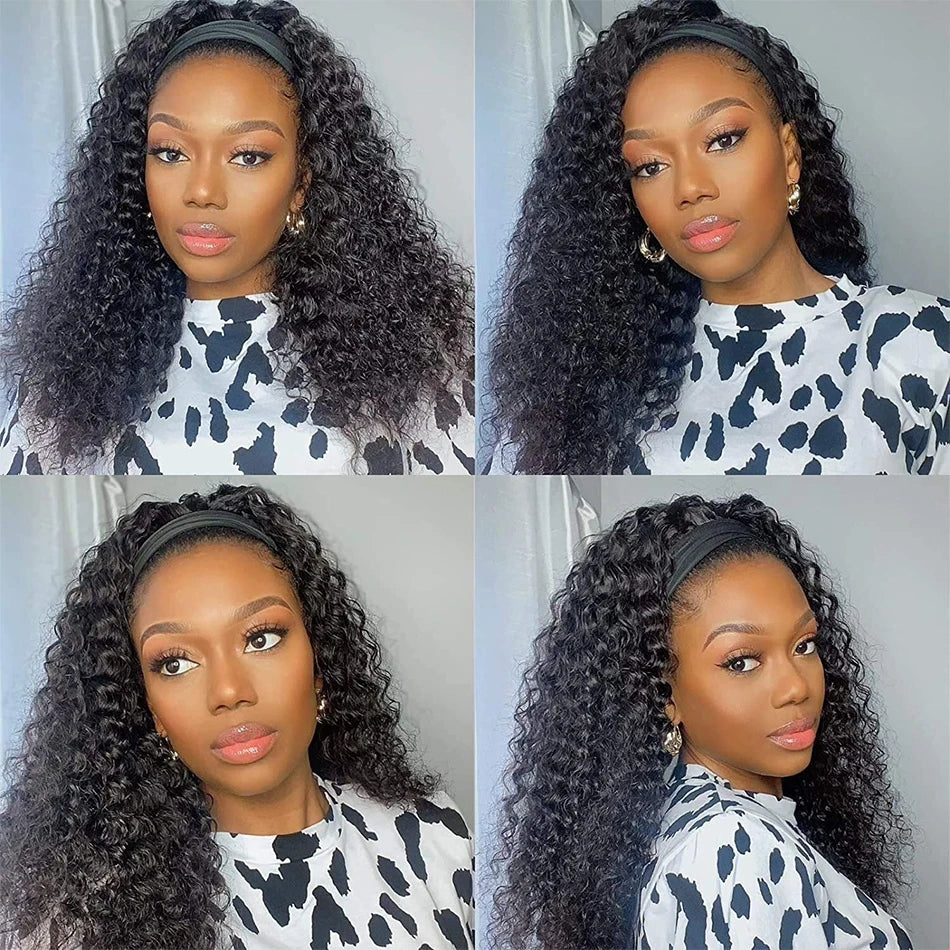 Jerry Curly Headband Human Hair Wig Brazilian Virgin Hair Perfect Natural Afro Look No Lace Needed 250% Scarf Machine Made Wig