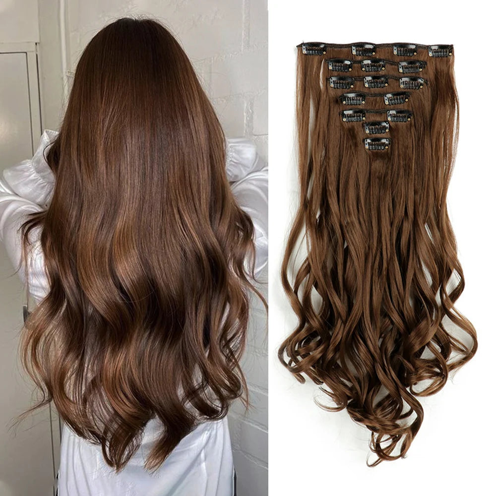 Clip In Wig Hair Extensions 7 PCS Full Head 22 Inch Long Curly Wavy Synthetic Hair Wigs Pieces Natural Wavy For Women Girls Hair Style