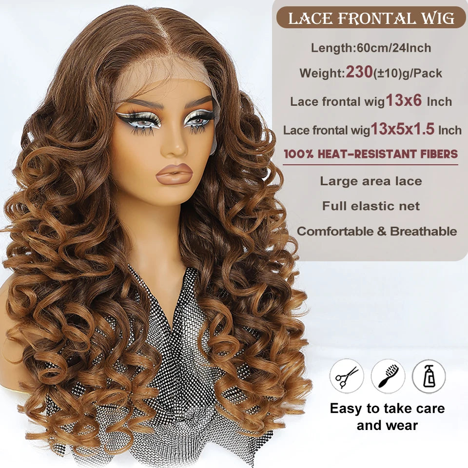 Latisha HD Synthetic Lace Front Wigs Curly Pre Plucked Lace Frontal Wig with Bangs for Women Highlight with Babyhair 24Inch Wigs