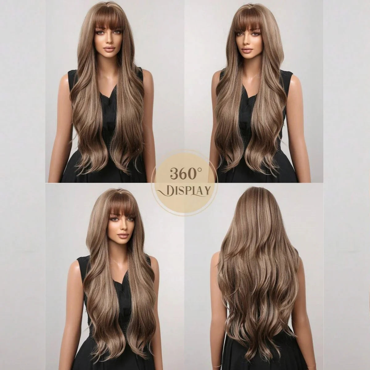 28 Inch Long Curly Wig With Bangs Ombre Brown Hair Style Wigs For Women Highlight Blonde Synthetic Wig For Daily Party Heat Resistant