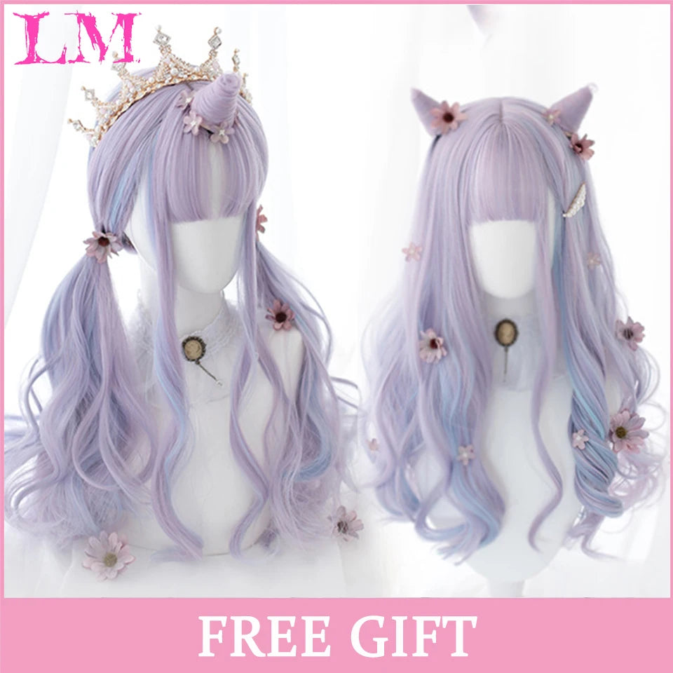 LM Cosplay Wig With Bangs Synthetic Straight Hair Wigs 24 Inch Long Heat-Resistant Pink Hair Style For Women