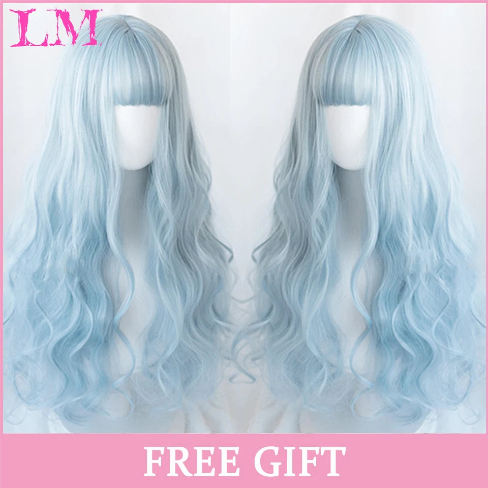 LM Cosplay Wig With Bangs Synthetic Straight Hair Wigs 24 Inch Long Heat-Resistant Pink Hair Style For Women