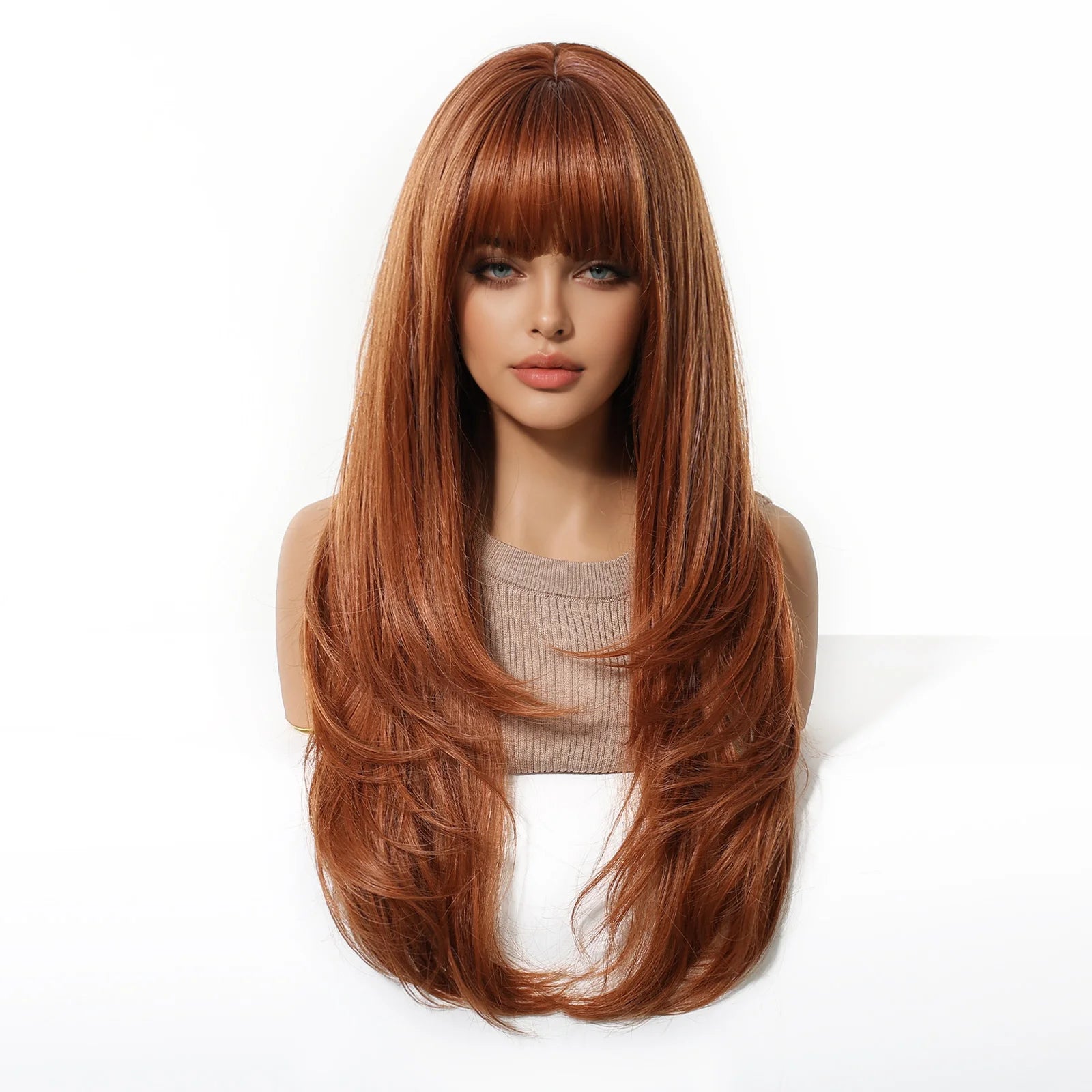 Long Copper Brown Synthetic Curly Wig for Women Auburn Hair Style Wigs with Bangs Layered Straight Hair Natural Daily Heat Resistant
