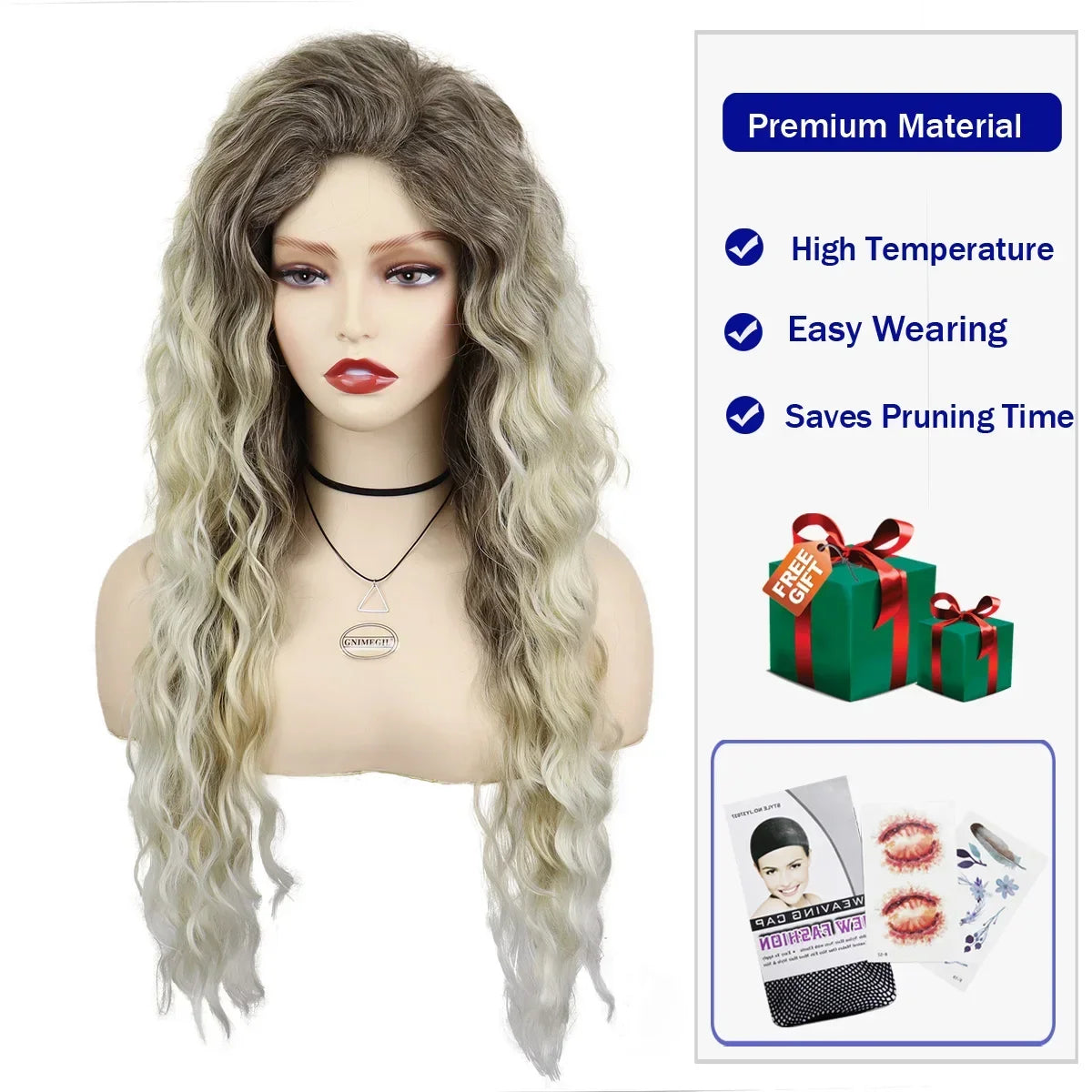 Womens Wig Long Synthetic Hair Ombre Blonde Curly Hair Wigs Female Natural Wavy Drag Queen Regular Wig 80s Gradient Hair Style Wigs for Student