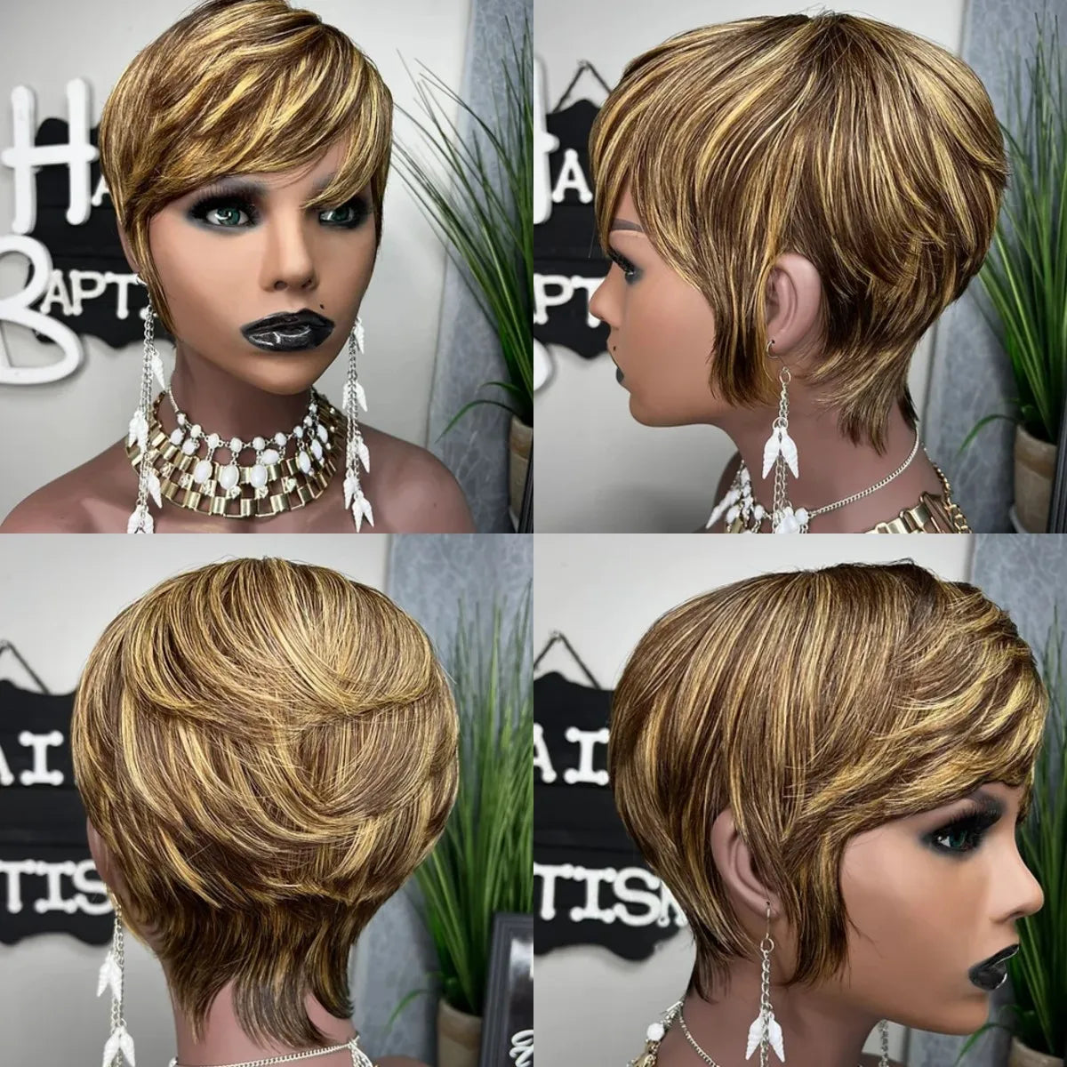 WIGERA Highlight Synthetic Hair Wigs Short Straight  Pixie Cut Hair Bob Wig Honey Gold Mix Black For Woman Daily Use