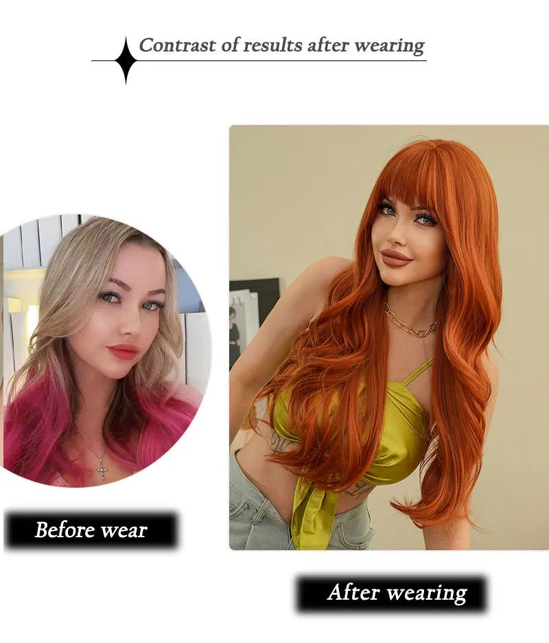 New wine red synthetic wig with bangs big waves long curly hair daily holiday wigs high temperature silk full head cover