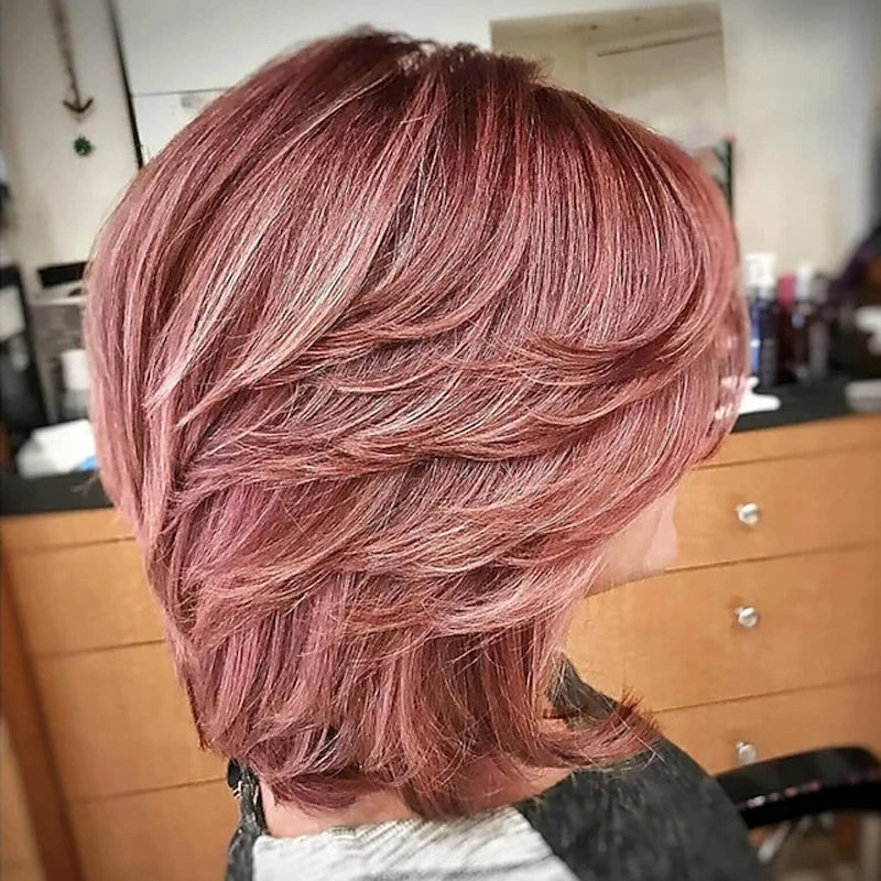 HAIRJOY Dark Gray Ombre Layered Wigs with  Bangs for Black Women Synthetic Hair Style Short Gray Highlight Straight  Layered Bob Wig