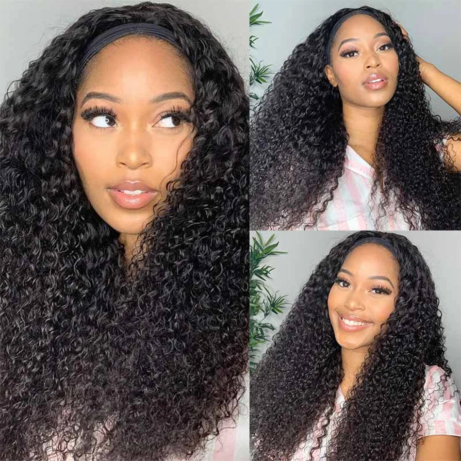 Jerry Curly Headband Human Hair Wig Brazilian Virgin Hair Perfect Natural Afro Look No Lace Needed 250% Scarf Machine Made Wig