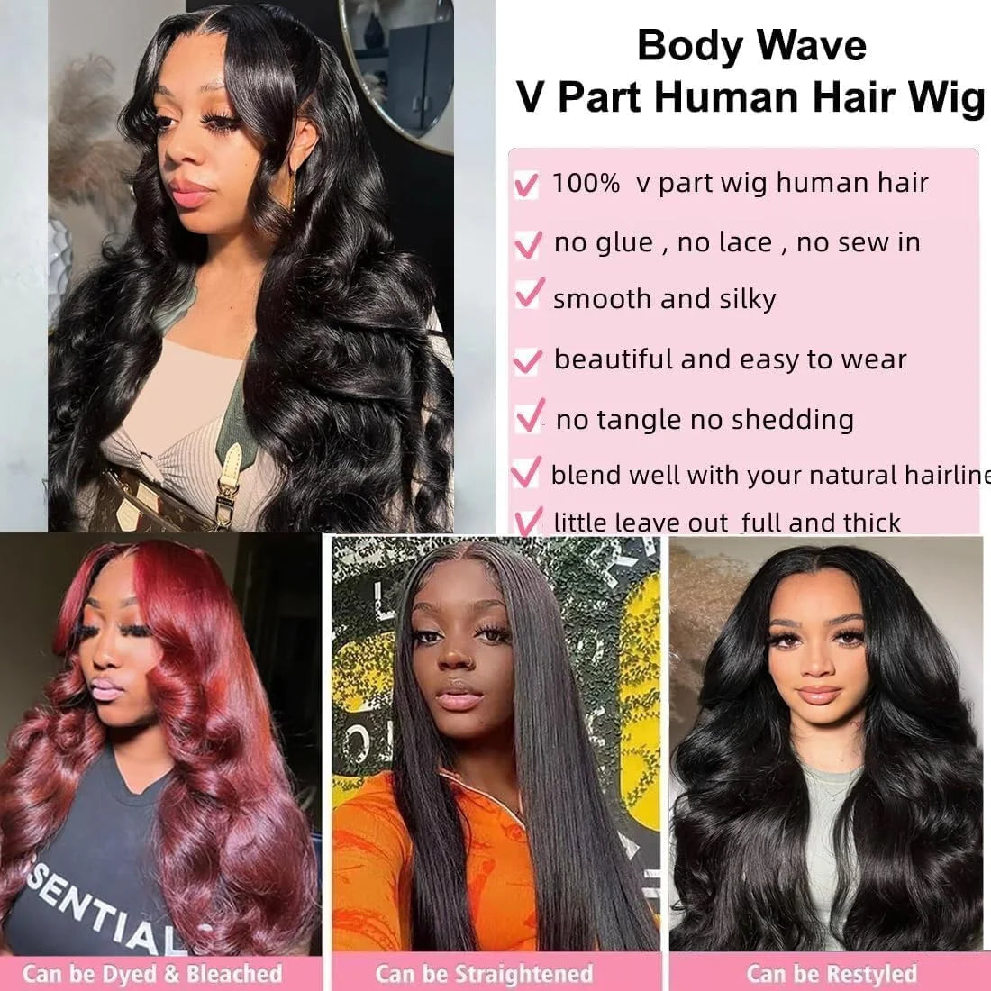 New Brand 250% Density Natural Black Body Wave V Part Wig Human Hair Gluelesss Upgrade U Part Wigs for Black Women Human Hair