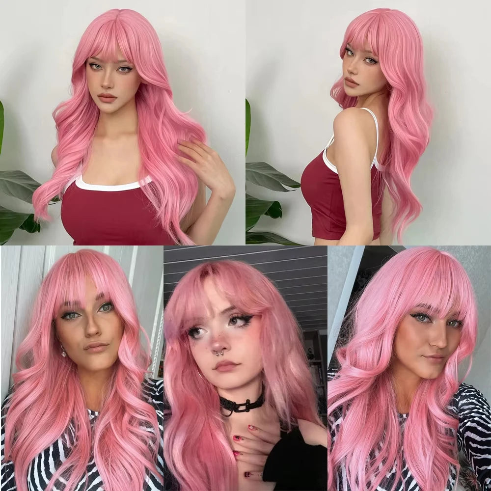 Pink synthetic wig with big waves for Halloween party, cosplay wigs, daily wig, high-temperature hair accessory wig set