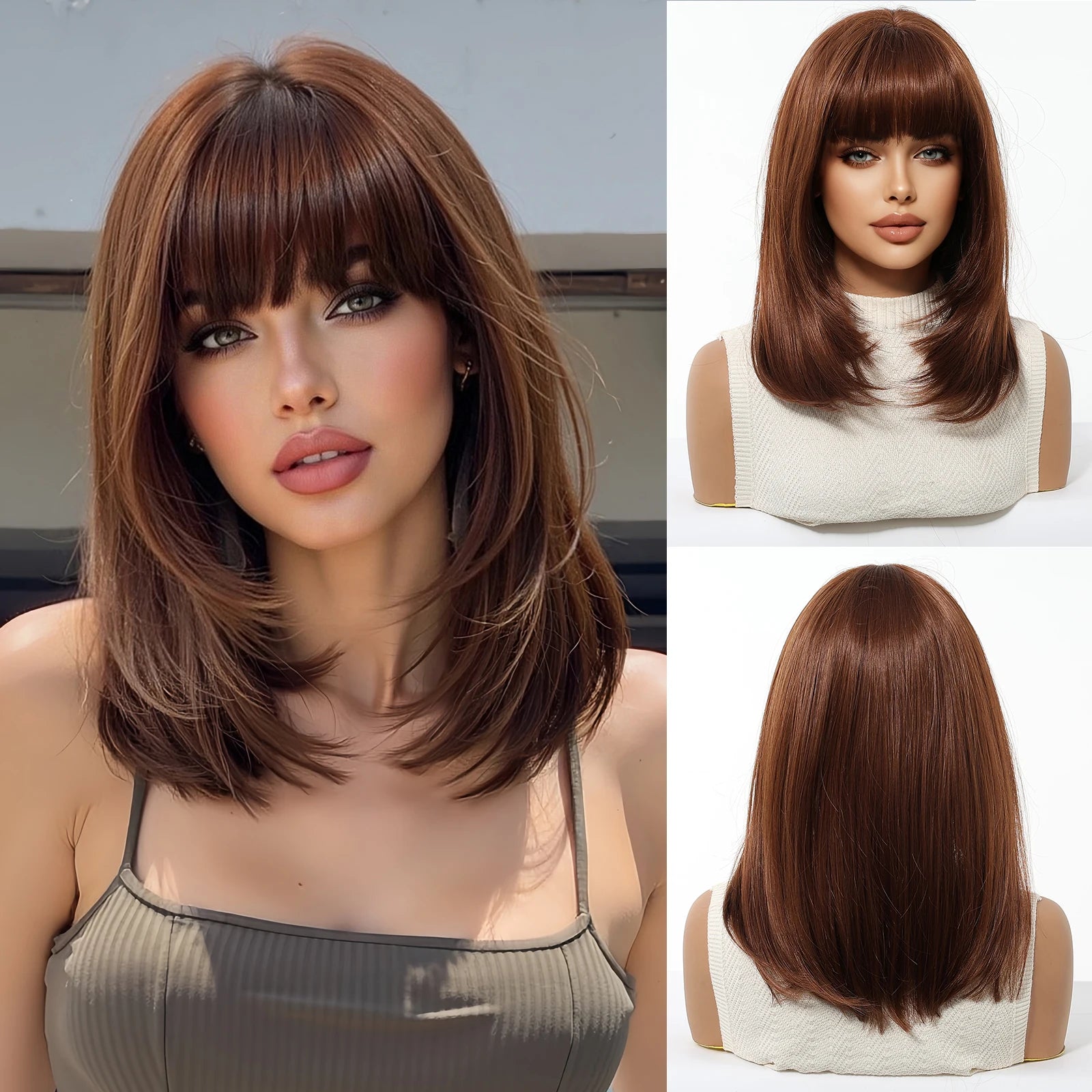 EASIHAIR Short Straight Bob Hair Wigs Synthetic Wig for Women Brown Straight Natural Wigs with Eight Character Daily Cosplay for Women Hair Style