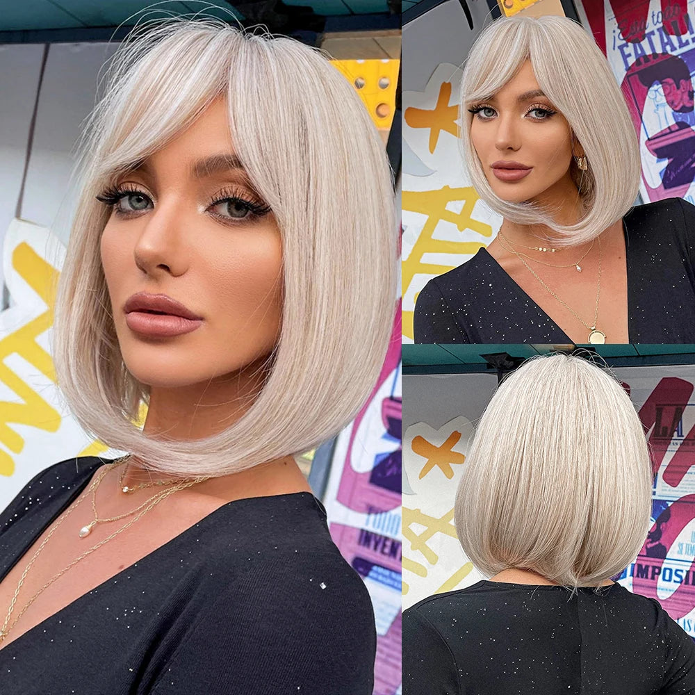 ALAN EATON Layered Synthetic Wig with Bangs Straight Short Highlights Blonde Hair Wigs with for Women Daily Use