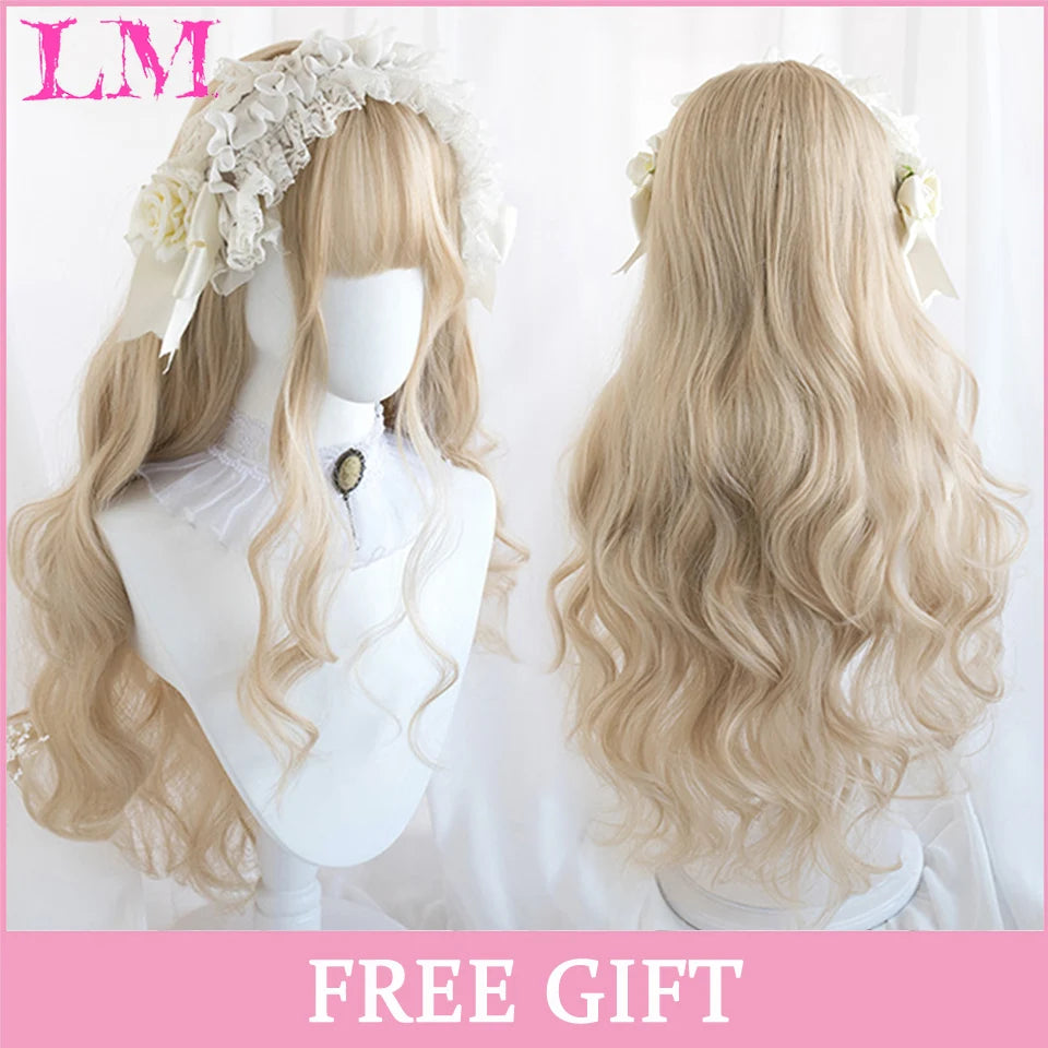 LM Cosplay Wig With Bangs Synthetic Straight Hair Wigs 24 Inch Long Heat-Resistant Pink Hair Style For Women