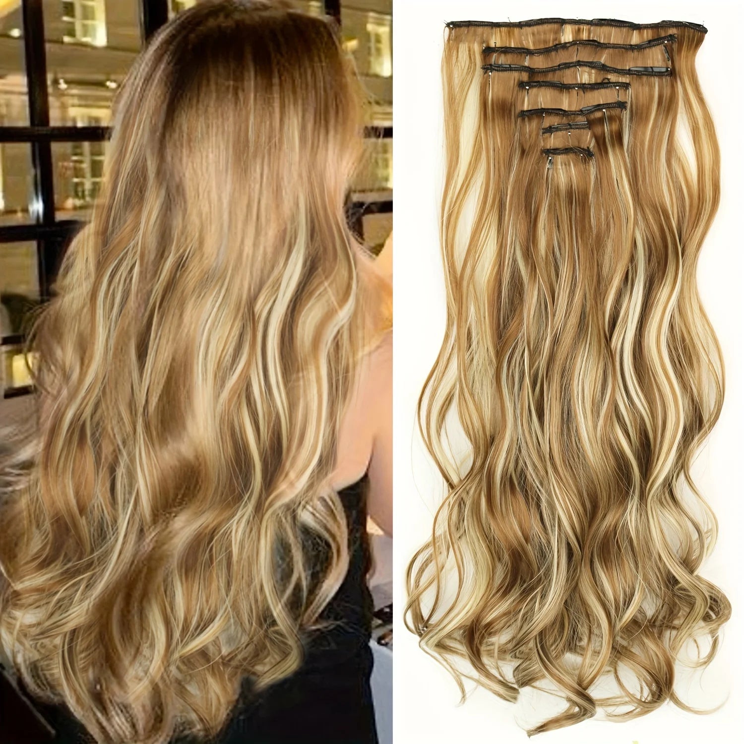 7Pcs/Set 16 Clips Wig Hair Accessories Extension Black Long Straight Natural Hair Wigs Ombre Hairpiece Heat Resistant Fiber For Women Hair Style