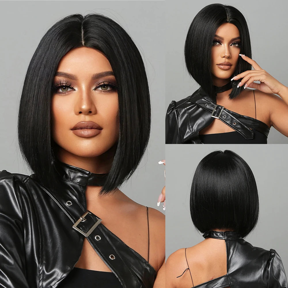 Brown Blonde Ombre Synthetic Hair Wigs Short Straight Bob Wig for Women Middle Part Lolita Cosplay Natural Hair Heat Resistant Fiber