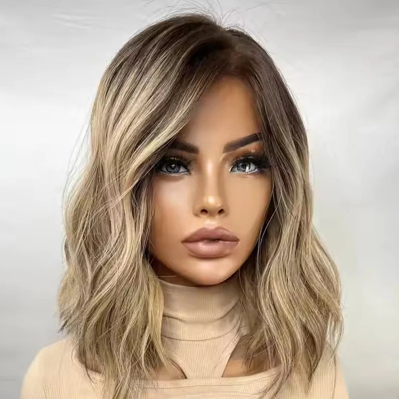 Authentic European Blonde Synthetic Wigs Brown Root short Hair Style Wig Jewish Hair 13x4 Lace Front Wig For Women Daily Party Use