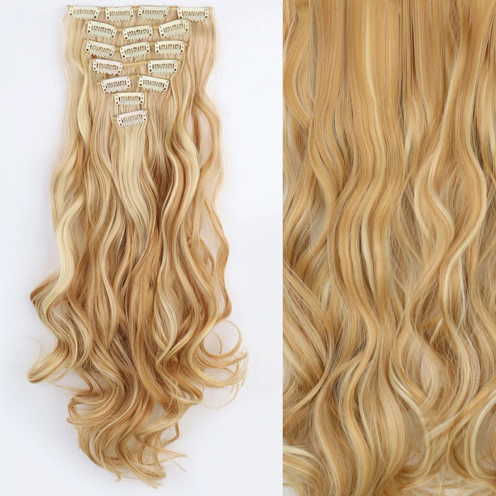 7Pcs/Set 16 Clips Wig Hair Accessories Extension Black Long Straight Natural Hair Wigs Ombre Hairpiece Heat Resistant Fiber For Women Hair Style