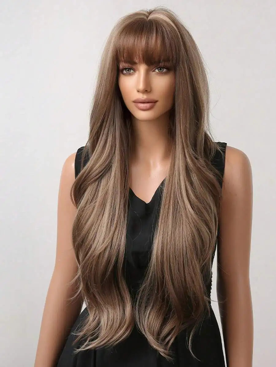28 Inch Long Curly Wig With Bangs Ombre Brown Hair Style Wigs For Women Highlight Blonde Synthetic Wig For Daily Party Heat Resistant