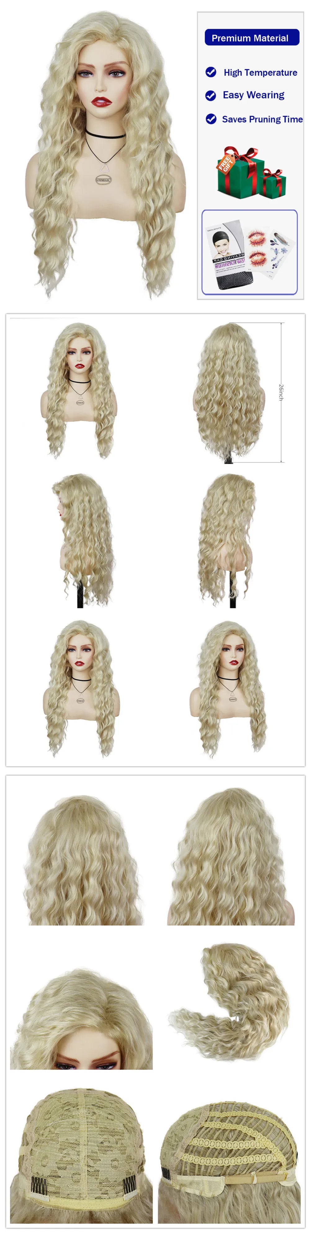 Womens Wig Long Synthetic Hair Ombre Blonde Curly Hair Wigs Female Natural Wavy Drag Queen Regular Wig 80s Gradient Hair Style Wigs for Student