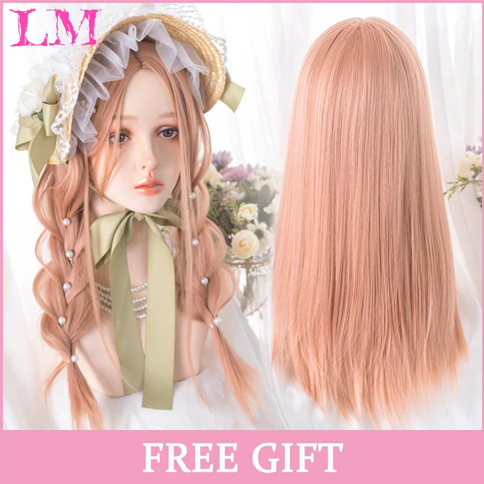 LM Cosplay Wig With Bangs Synthetic Straight Hair Wigs 24 Inch Long Heat-Resistant Pink Hair Style For Women