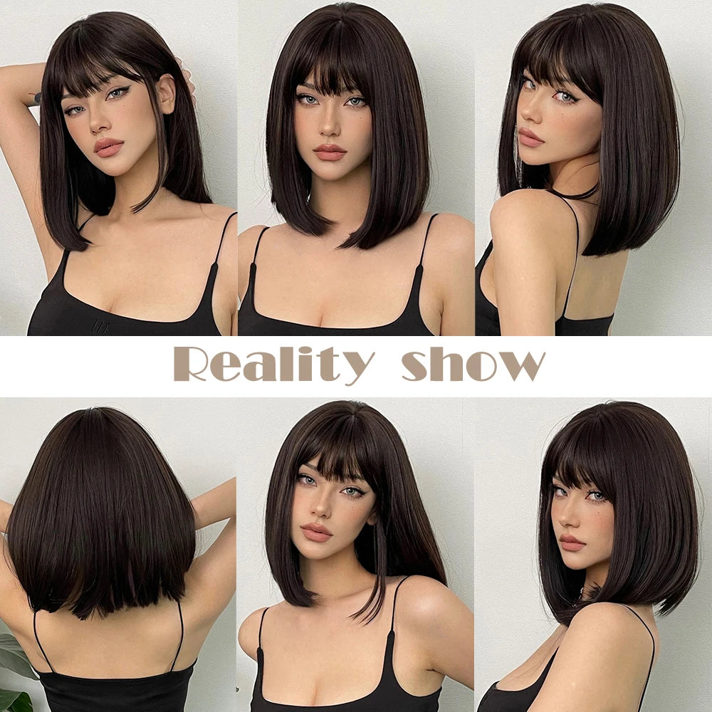 Dark Brown Short Bob Synthetic Hair Wigs with Bangs Straight Cosplay Lolita Natural Wig for Women Afro Blunt Cut Heat Resistant