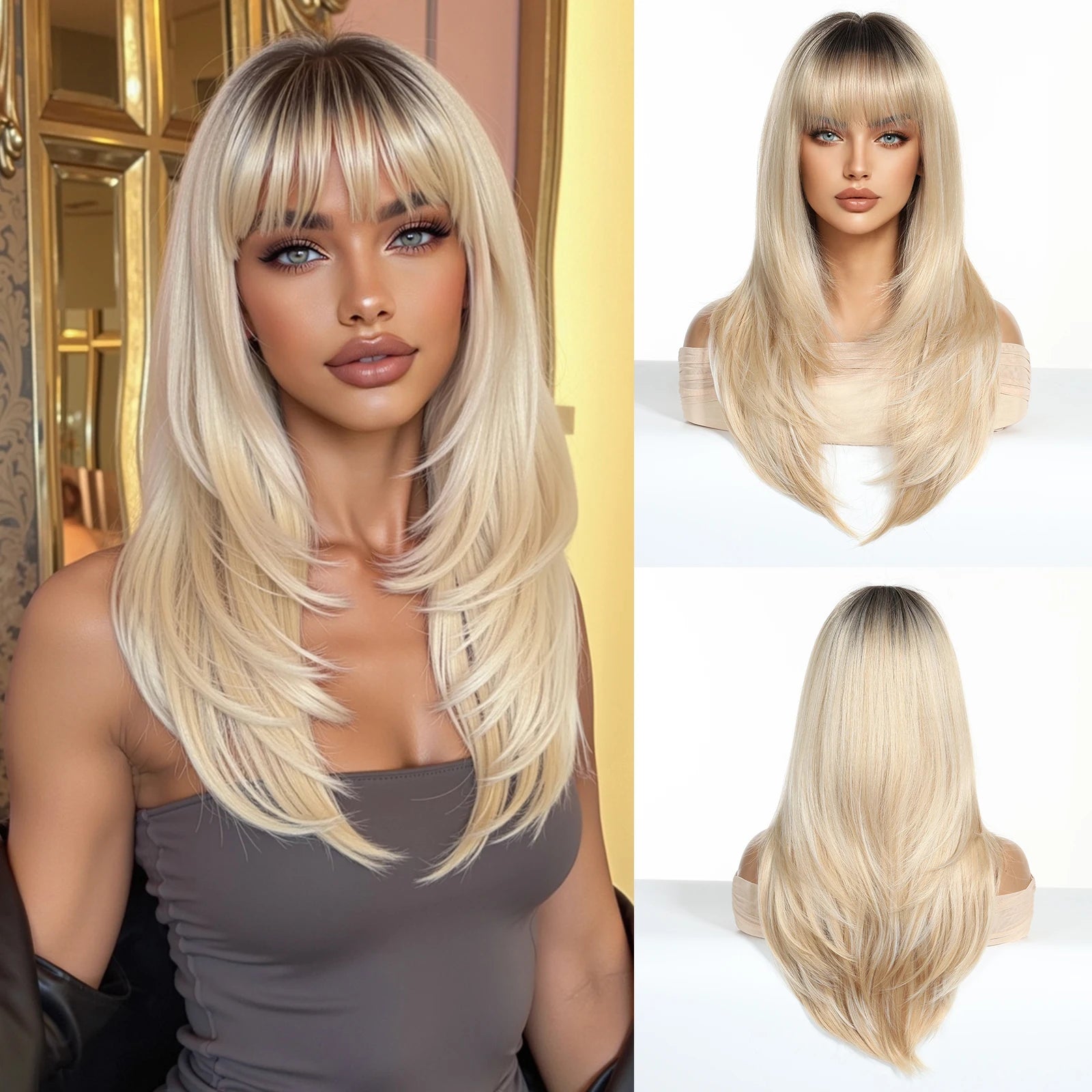 ALAN EATON Long Brown Highlight Synthetic Wig Layered Straight Hair Style Wigs Realistic Fake Hair for Daily Wear High Temperature Wigs