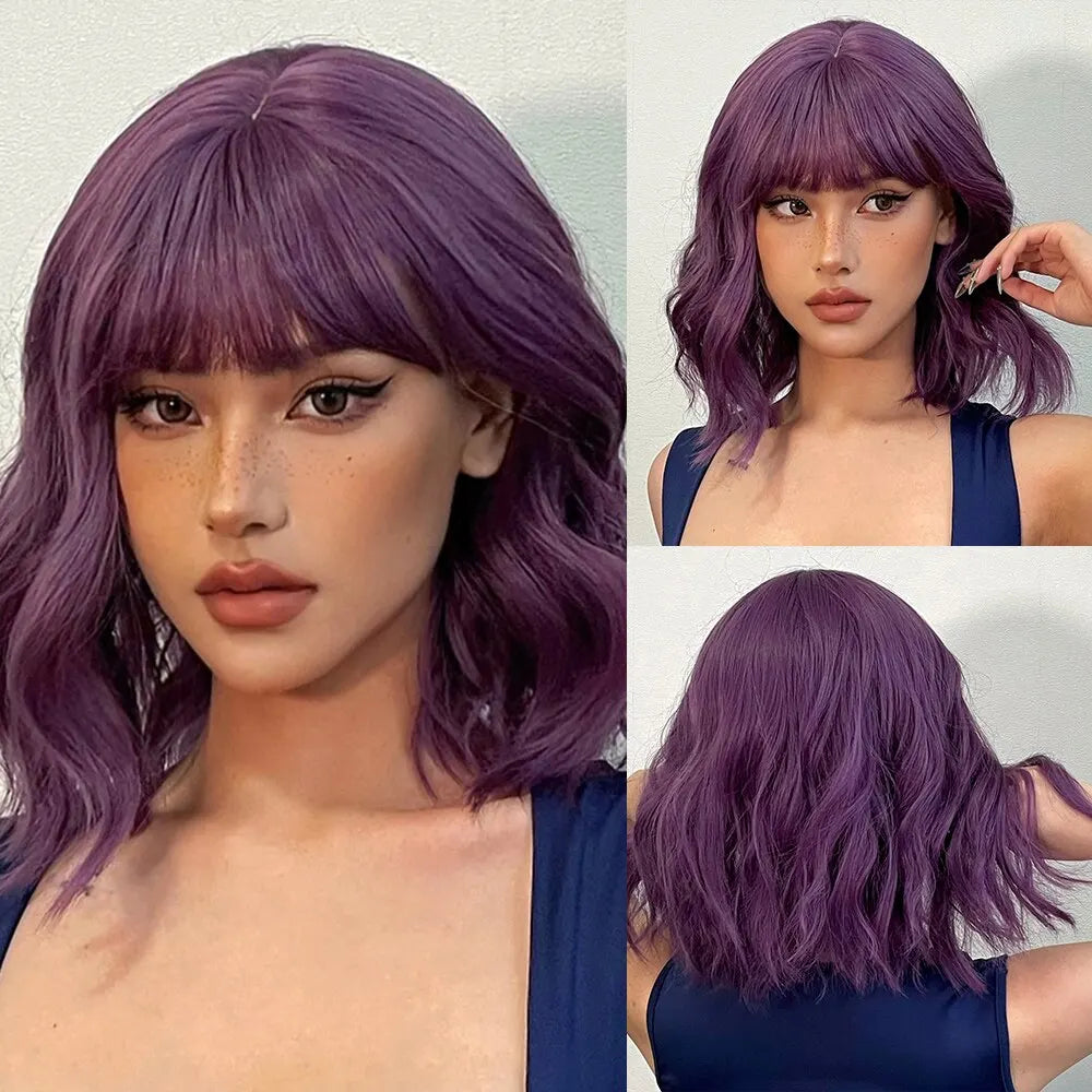 Women Grey Wavy Bob Wigs with Bangs Short Blonde Ombre Synthetic Hair Wigs With with Dark Roots Natural Hair Style for Women Daily Use