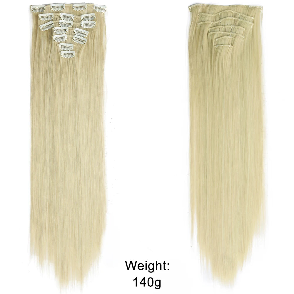7Pcs/Set 16 Clips Wig Hair Accessories Extension Black Long Straight Natural Hair Wigs Ombre Hairpiece Heat Resistant Fiber For Women Hair Style