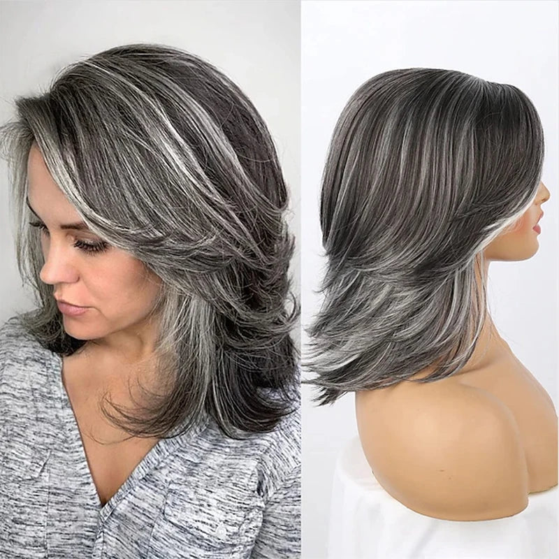 HAIRJOY Dark Gray Ombre Layered Wigs with  Bangs for Black Women Synthetic Hair Style Short Gray Highlight Straight  Layered Bob Wig