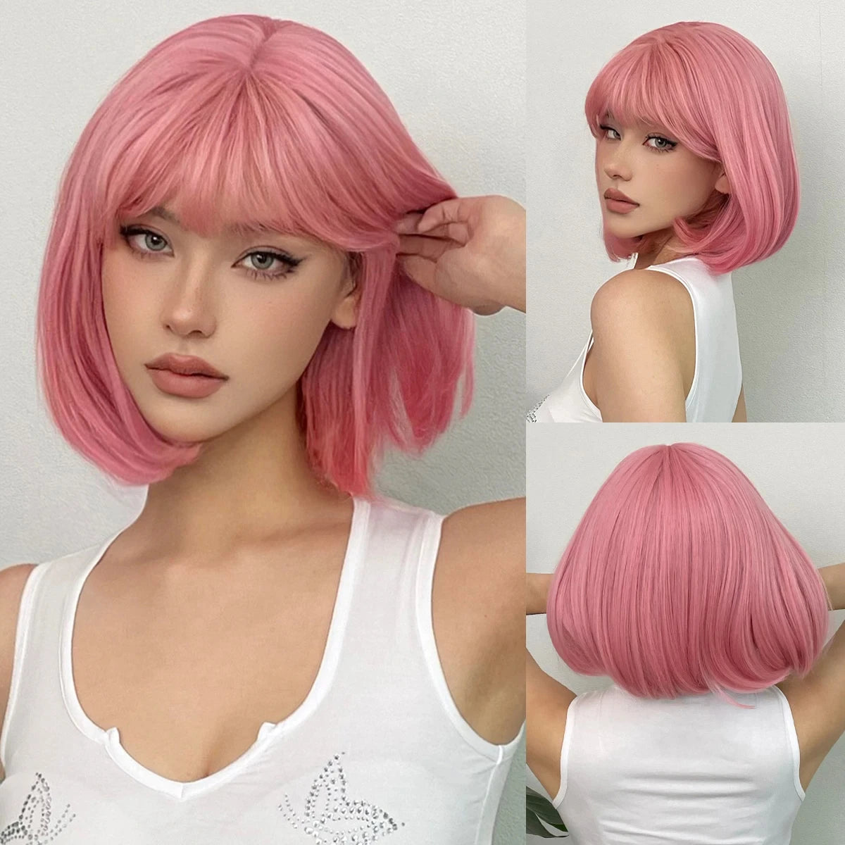Short Straight Bob Synthetic Wigs Pink Natural Hair Wig with Bangs for Women Cosplay Cute Hair Style Heat Resistant Fiber