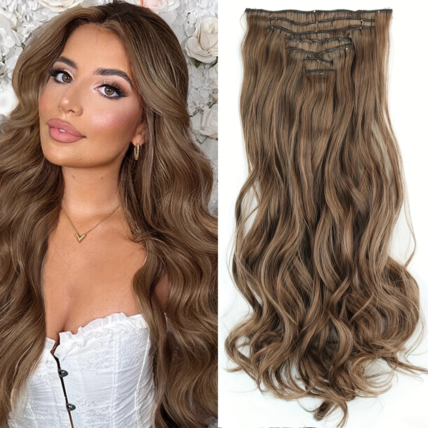 7Pcs/Set 16 Clips Wig Hair Accessories Extension Black Long Straight Natural Hair Wigs Ombre Hairpiece Heat Resistant Fiber For Women Hair Style