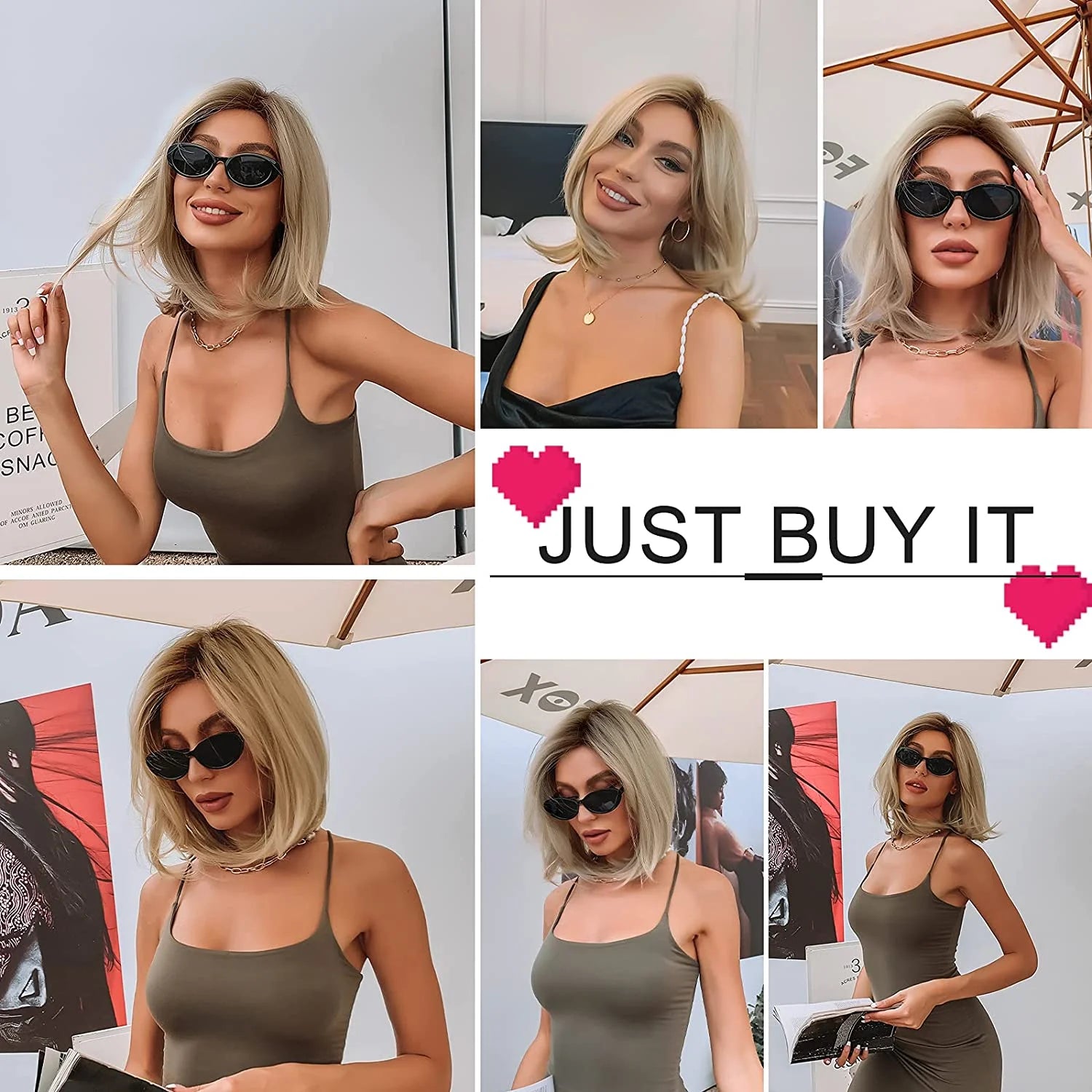 ALAN EATON Layered Synthetic Wig with Bangs Straight Short Highlights Blonde Hair Wigs with for Women Daily Use