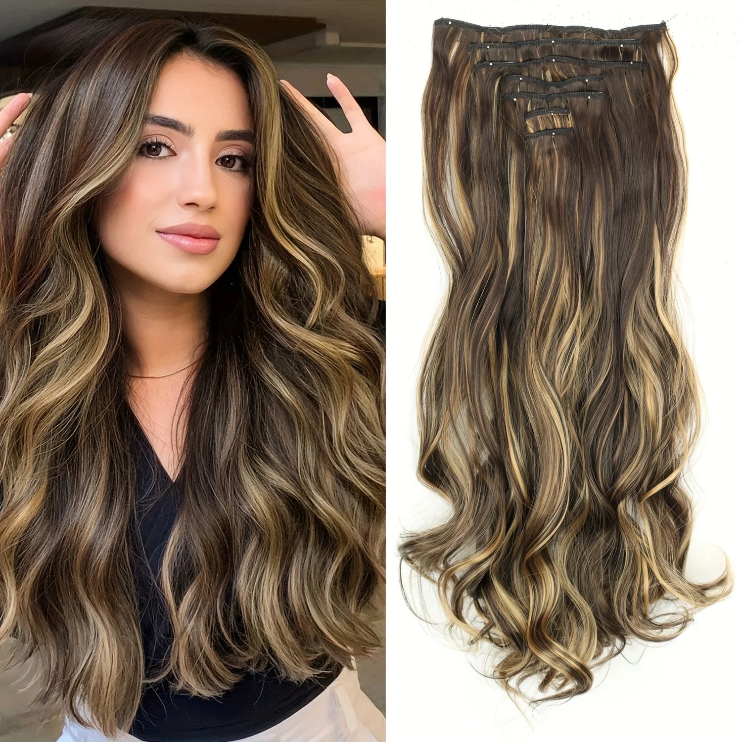 7Pcs/Set 16 Clips Wig Hair Accessories Extension Black Long Straight Natural Hair Wigs Ombre Hairpiece Heat Resistant Fiber For Women Hair Style