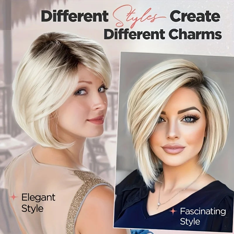 Deep root gradient white side-divided bob elf cut synthetic chemical fiber Wig, suitable for daily outfits Hair Wigs and Hair Style