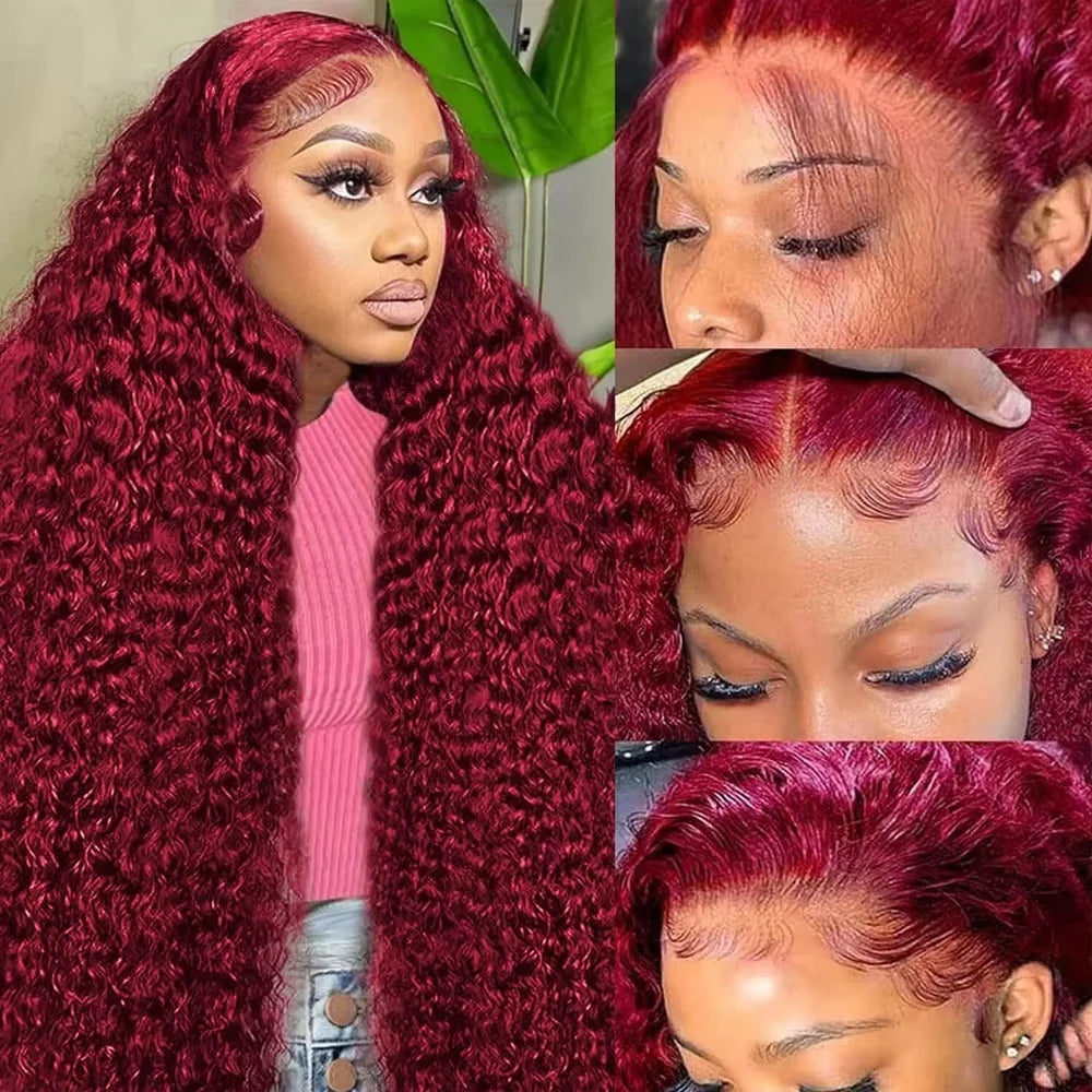 30 Inch Burgundy 99 Deep Wave Frontal Wig Colored Curly Human Hair Wigs 250% Density 13x4 13x6 HD Lace Frontal Human Hair Style Wigs
